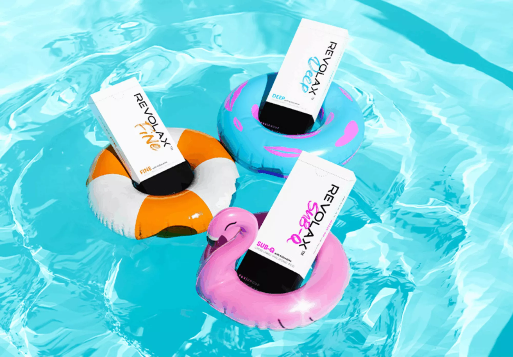 Revolax Fine, Revolax Deep, & Revolax Sub-Q boxes floating on rubber rings in water